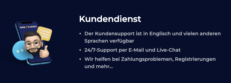 Kundensupport im Nine Casino - Live Chat rund um die Uhr